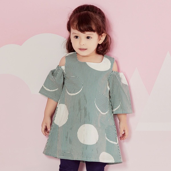 

Toddler Girls Striped & Polka Dot Cold Shoulder Tunic Dress, Dark green
