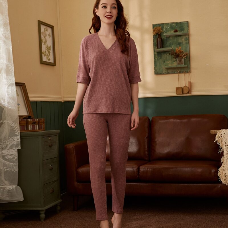 

V-neck Rib-knit Lounge Set, Dusty pink