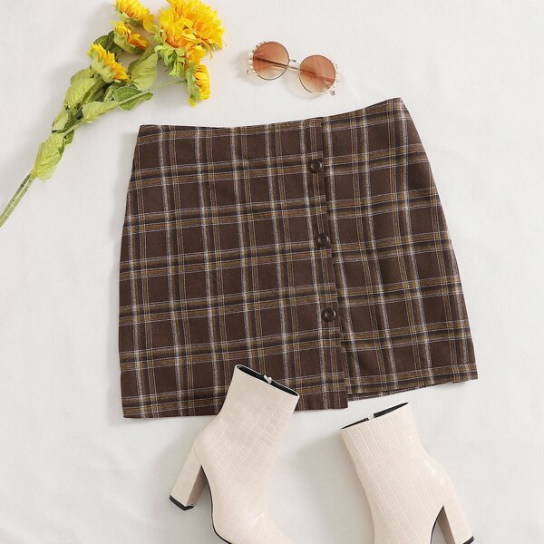 

Plus Button Front Asymmetrical Hem Plaid Skirt, Chocolate brown
