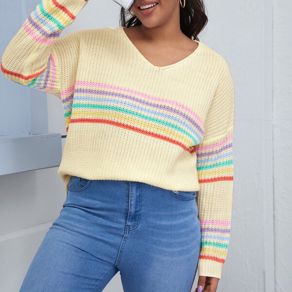 

Plus V-neck Rainbow Striped Sweater, Pastel yellow