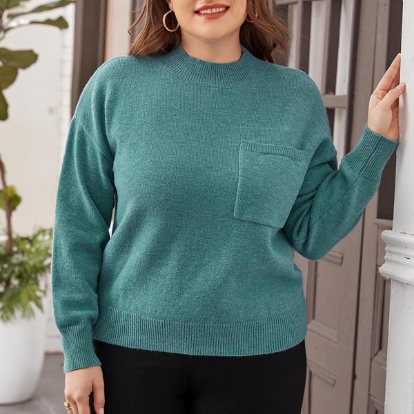 

Plus Pocket Patched Drop Shoulder Sweater, Cadet blue