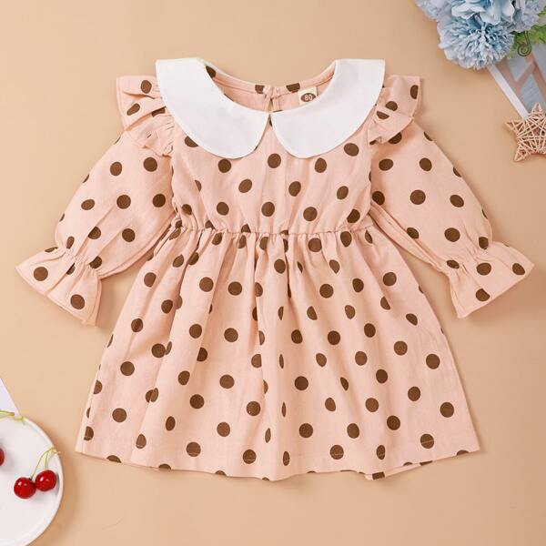 

Baby Girl Contrast Collar Polka Dot Smock Dress, Baby pink