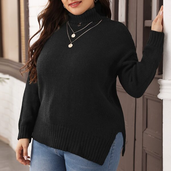 

Plus Turtleneck Split Hem Drop Shoulder Sweater, Black