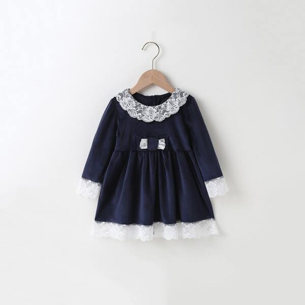 

Baby Girl Contrast Lace Velvet Dress, Navy blue