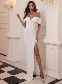 Missord Off Shoulder Split Hem Sequin Prom Dress - White - View 2