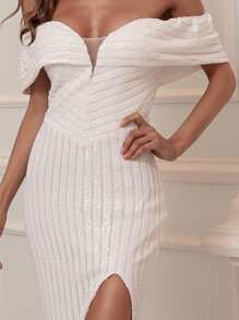 Missord Off Shoulder Split Hem Sequin Prom Dress - White - View 4