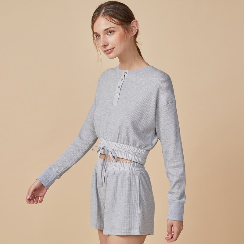 

PJM Drawstring Hem Waffle Knit Sweatshirt & Shorts PJ Set, Grey