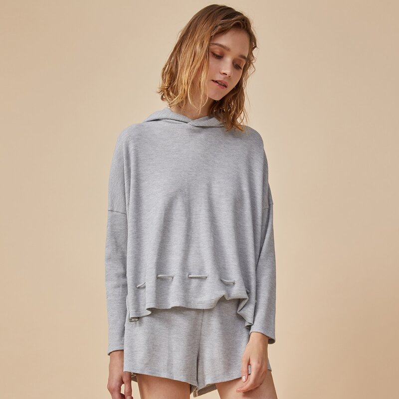 

PJM Drop Shoulder Waffle Knit Hoodie & Shorts PJ Set, Grey