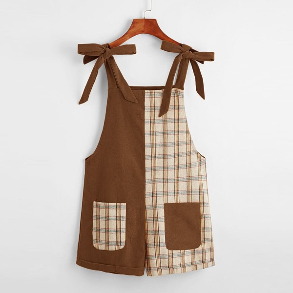 

Plaid Spliced Knot Shoulder Corduroy Cami Romper, Multicolor