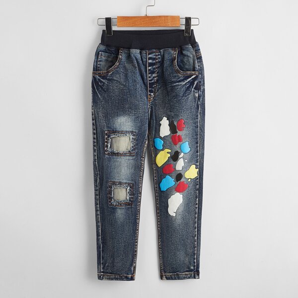 

Boys Cut Out Lip Patched Washed Jeans, Dark wash