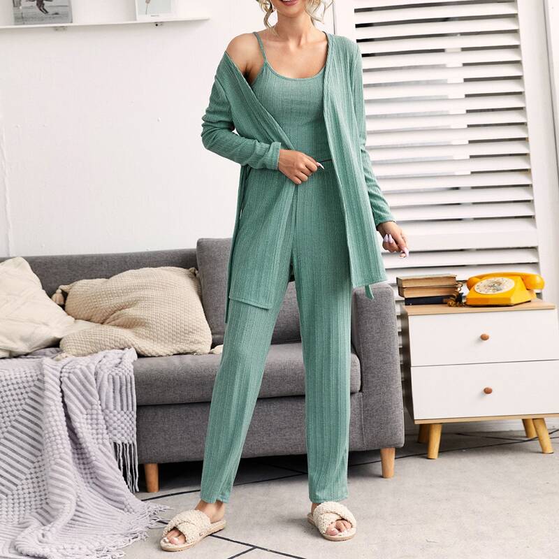 

3pcs Self Tie Cami Top & Robe & Pants Lounge Set, Mint green