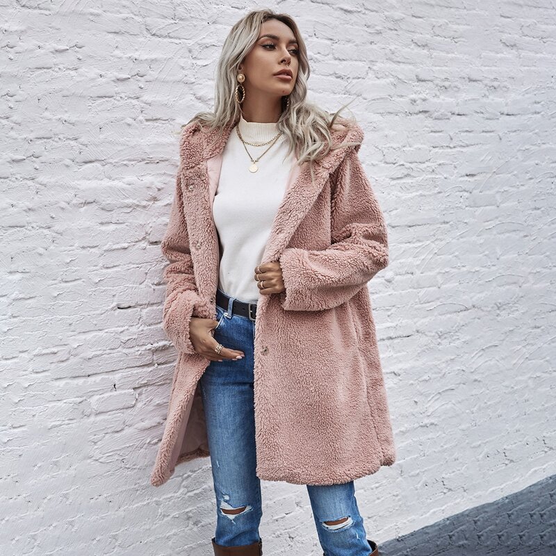 

Snap Button Hooded Teddy Coat, Dusty pink