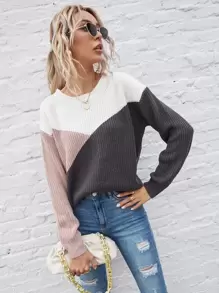 SHEIN LUNE Color Block Drop Shoulder Sweater,Long Sleeve Tops
