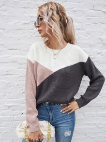 SHEIN LUNE Color Block Drop Shoulder Sweater,Long Sleeve Tops