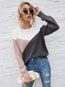 SHEIN LUNE Color Block Drop Shoulder Sweater,Long Sleeve Tops
