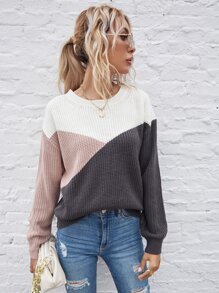 SHEIN LUNE Color Block Drop Shoulder Sweater,Long Sleeve Tops