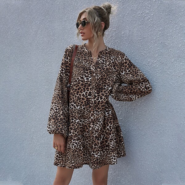 

Leopard Print Bishop Sleeve Ruffle Hem Dress, Multicolor