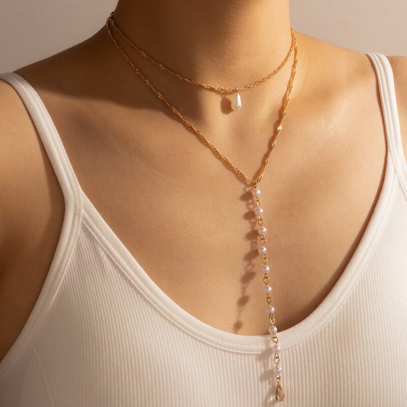 

1pc Faux Pearl Beaded Layered Necklace, Gold