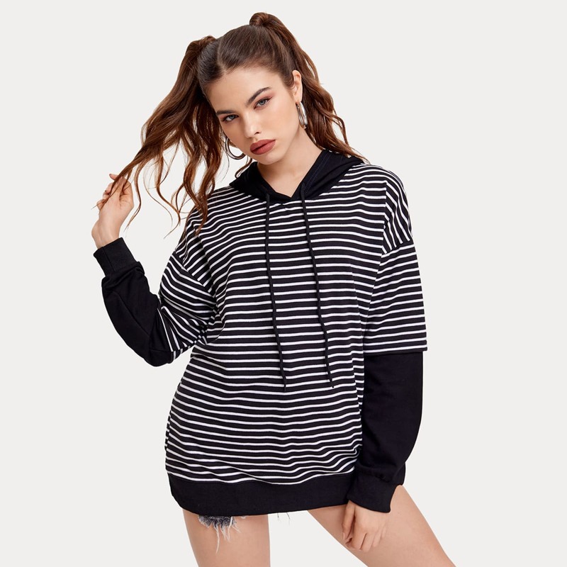 

Striped Oversized Drawstring Hoodie, Black and white