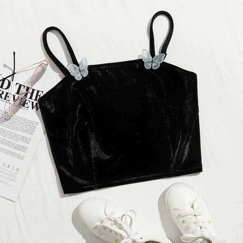 

Butterfly Applique Velvet Crop Cami, Black