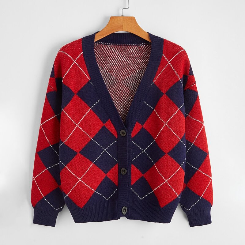 

Argyle Pattern Button Front Cardigan, Multicolor