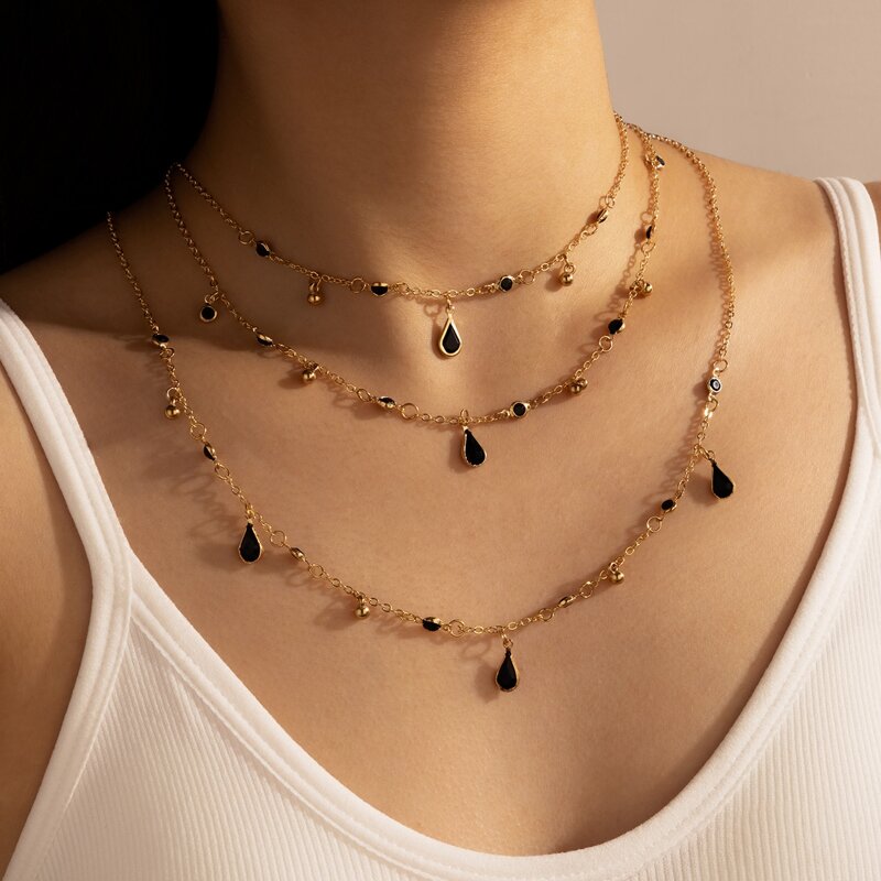 

Water Drop Charm Layered Necklace, Gold