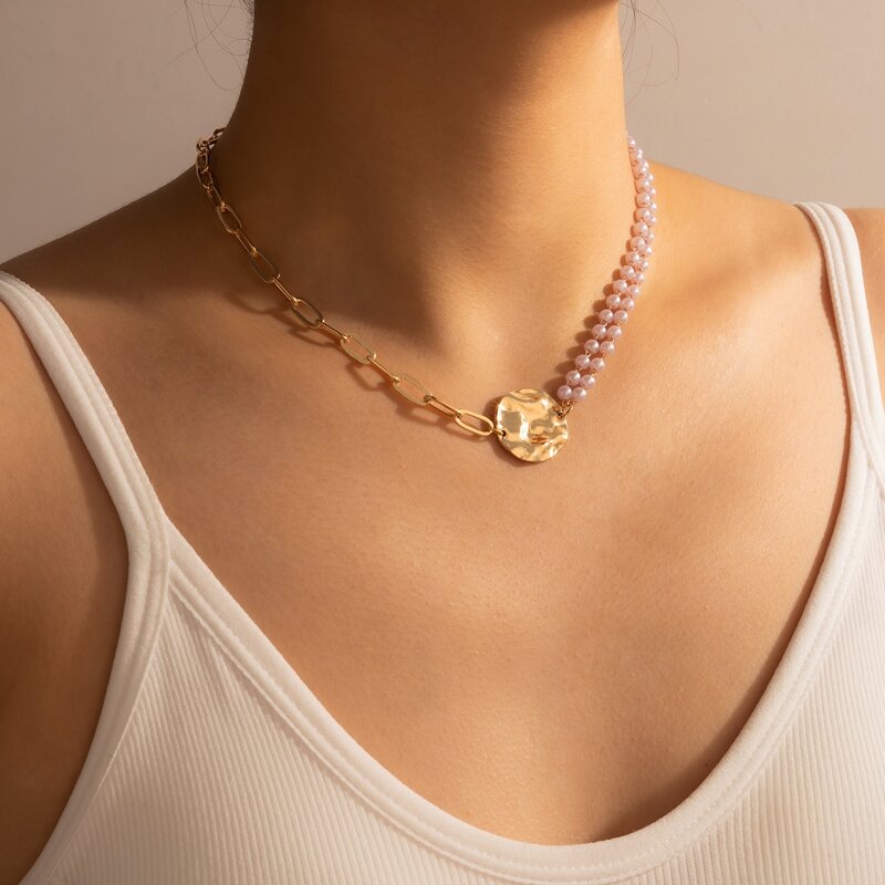 

Round Metal & Faux Pearl Decor Necklace, Gold