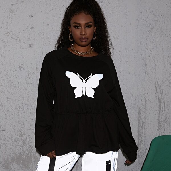 

Plus Reflective Butterfly Print Ruffle Hem Sweatshirt, Black