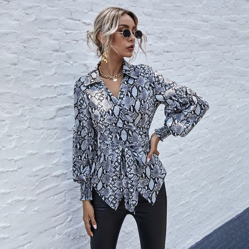 

Lantern Sleeve Snakeskin Print Belted Blouse, Multicolor