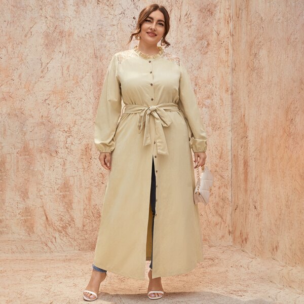 

Plus Button Belted Lace Insert Tunic Blouse, Khaki