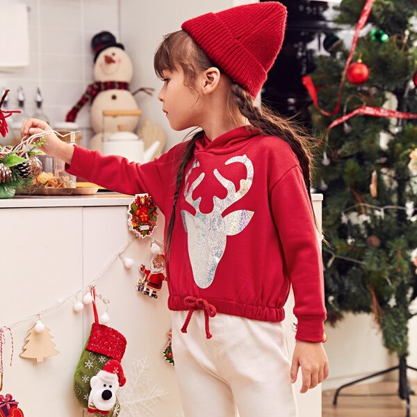 

Toddler Girl Deer Pattern Drawstring Hem Hoodie, Red