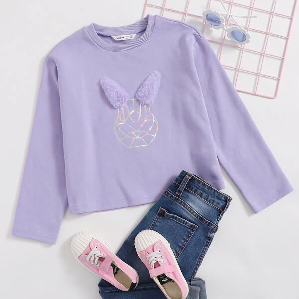 

Girls Cartoon Graphic Faux Fur Detail Top, Lilac purple