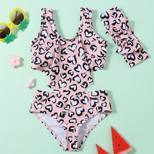 

Toddler Girls Heart Print Ruffle Bikini Swimsuit & Headband, Dusty pink