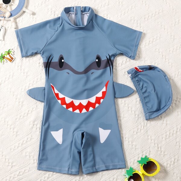 

Toddler Boys Shark Print One Piece Swimsuit & Hat, Dusty blue