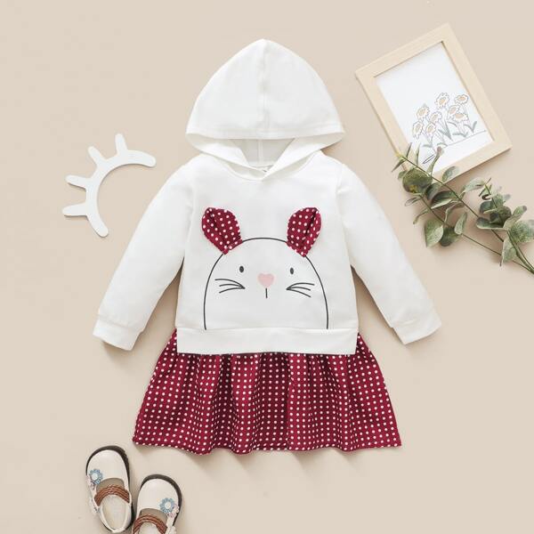 

Baby Girl Polka Dot & Cartoon Graphic Hoodie Dress, White