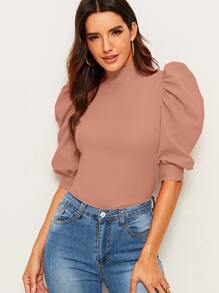 Mulvari Camisa de espalda con abertura de ojo de manga farol de cuello alto - Rosa vieja - Ver 1