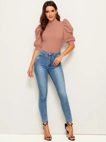 Mulvari Camisa de espalda con abertura de ojo de manga farol de cuello alto - Rosa vieja - Ver 5