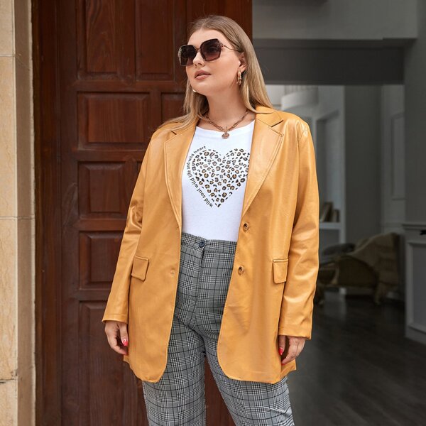 

Plus PU Leather Lapel Neck Blazer, Mustard yellow