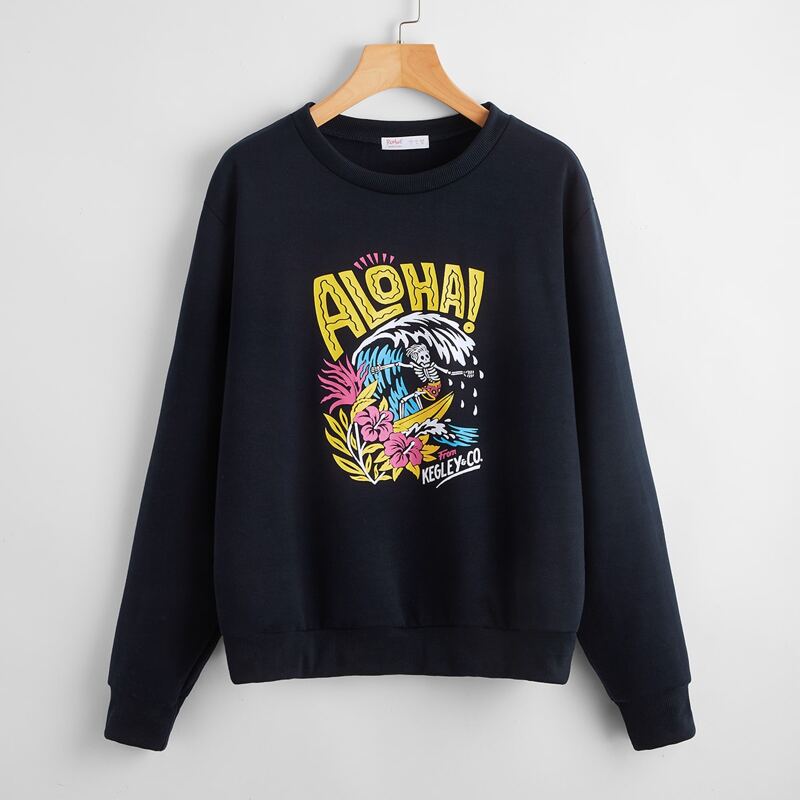 

Skeleton & Letter Graphic Sweatshirt, Navy blue
