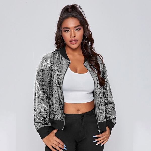 

Plus Zip Up Crocodile PU Bomber Jacket, Silver
