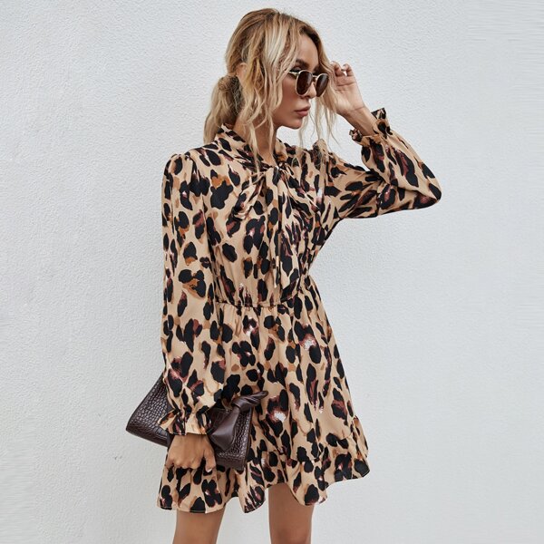 

Tie Neck Allover Print A-line Dress, Multicolor