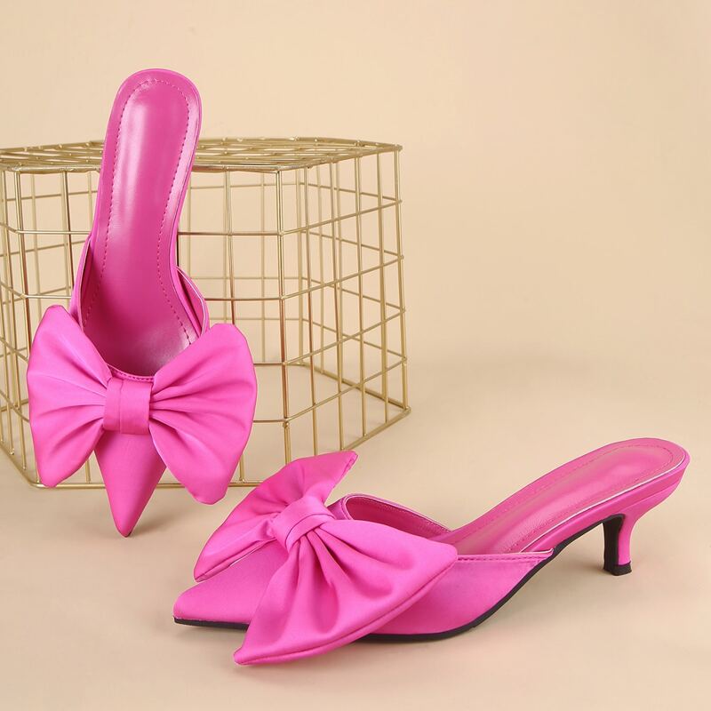 

Bow Decor Mid Heeled Mules, Hot pink