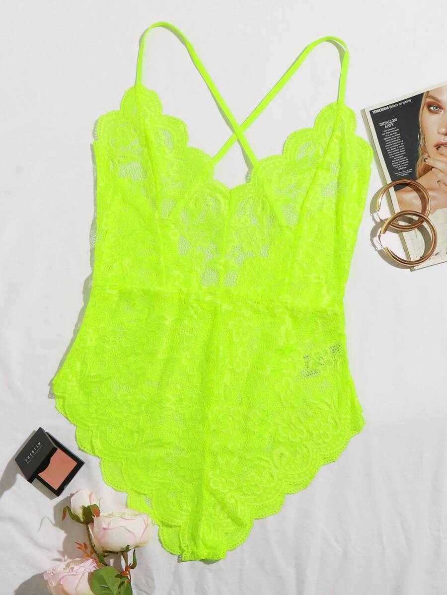Plus Neon Lime Floral Lace Teddy Bodysuit - Lime Green - View 1