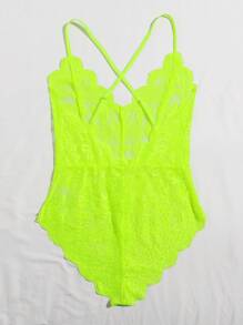 Plus Neon Lime Floral Lace Teddy Bodysuit - Lime Green - View 2