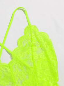 Plus Neon Lime Floral Lace Teddy Bodysuit - Lime Green - View 4