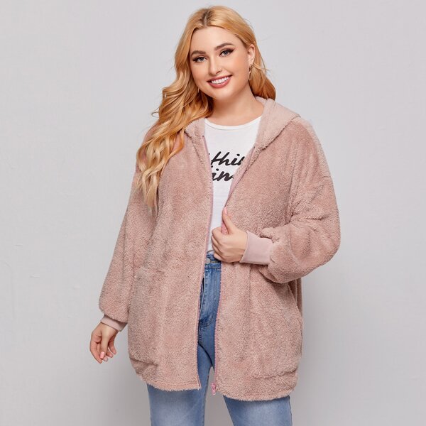 

Plus Drop Shoulder Zipper Up Teddy Hooded Coat, Dusty pink