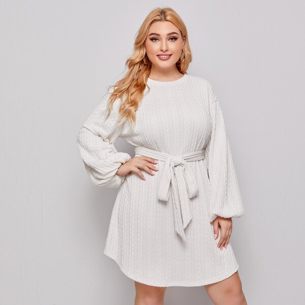 

Plus Lantern Sleeve Belted Dress, White