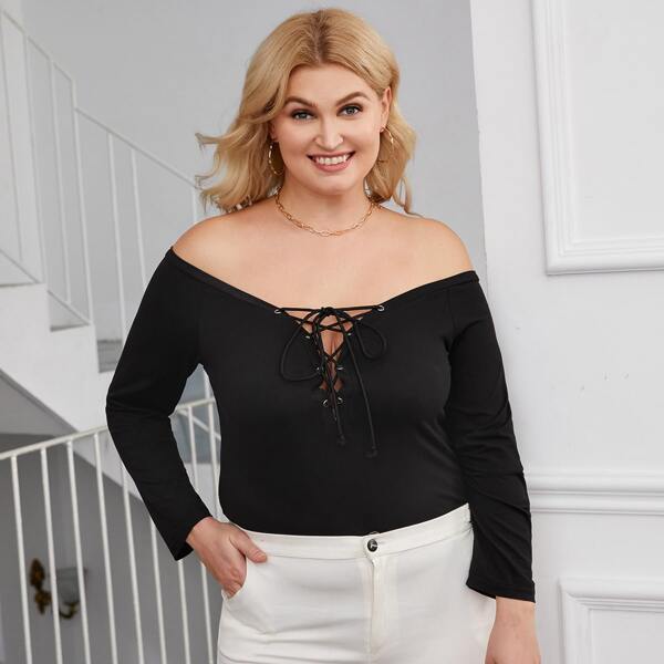 

Plus Lace Up Off Shoulder Tee, Black