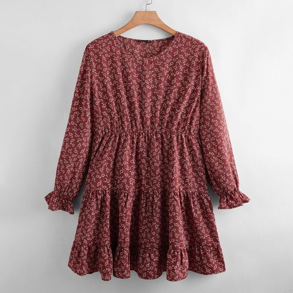 

Plus Ditsy Floral Ruffle Hem Dress, Maroon