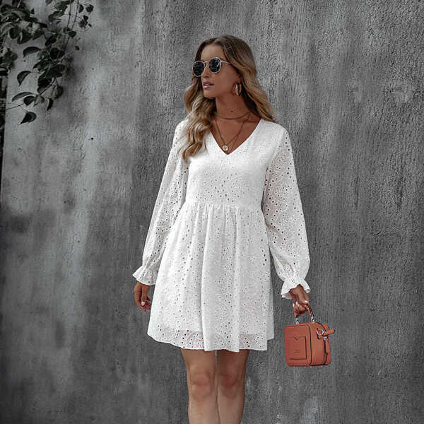 

Eyelet Embroidery Flounce Sleeve Babydoll Dress, White